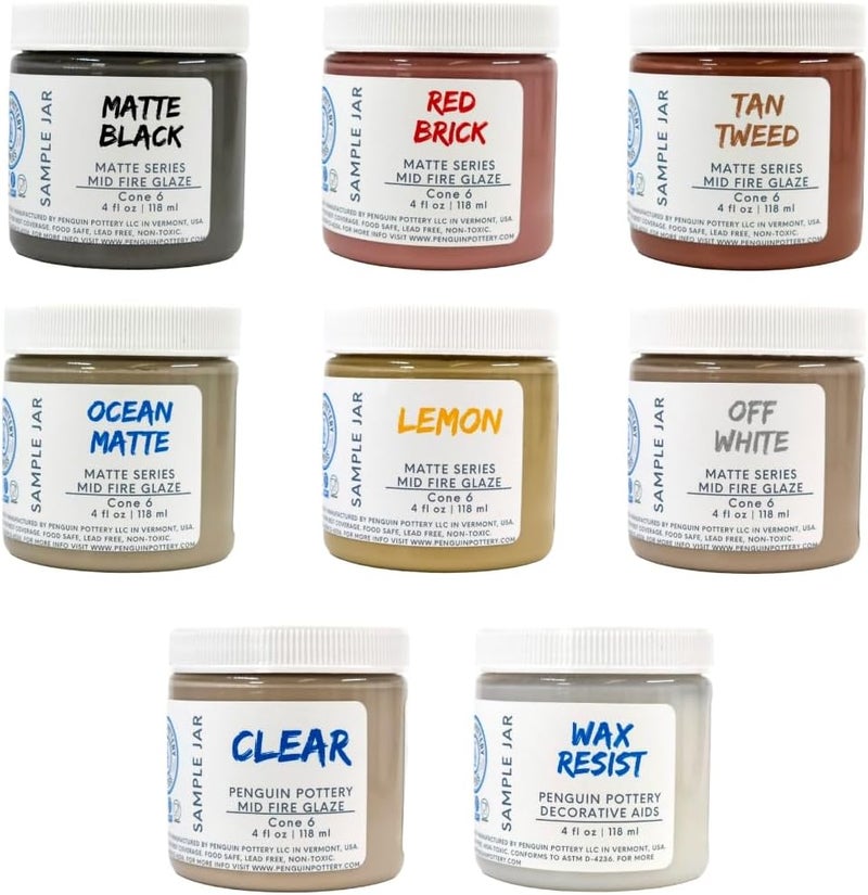 Penguin Pottery - Variety Set - Mid Fire Matte Series - Cone 6 - Includes 8 4oz Jars - Image 1